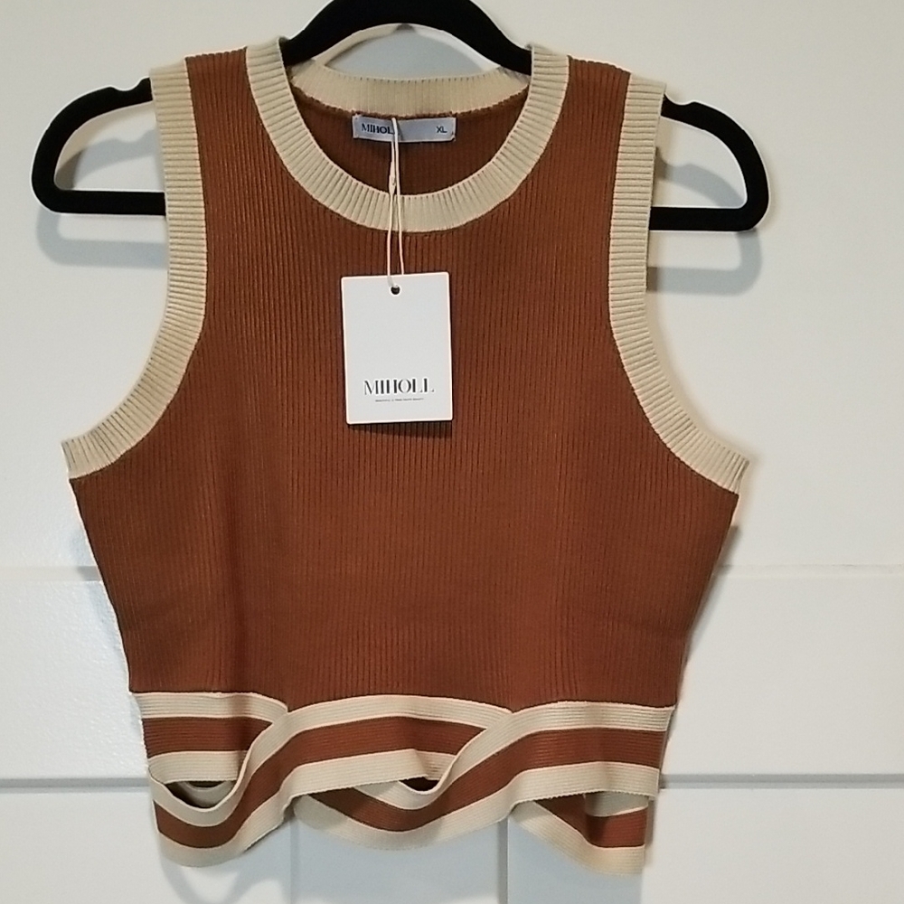 MIHOLL Women's Brown and Cream Ribbed Tank Top NWT Size XL